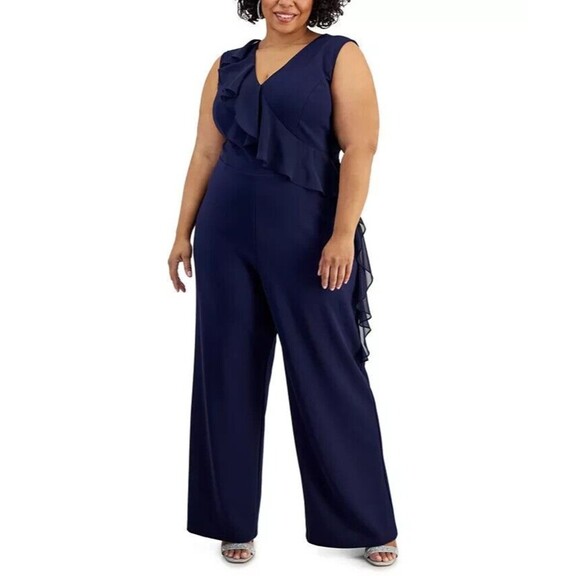 Connected Women's Plus Size V-Neck Sleeveless Ruffle-Trim Wide Leg Jumpsuit 22W - Picture 1 of 8